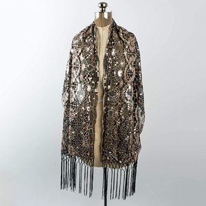 Women's Clau Shawl, Sequin Wrap Black Gold